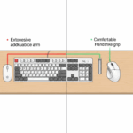 A comparison image showing how a compact keyboard and an ergonomic mouse reduce arm reach and improve posture compared to a standard setup.