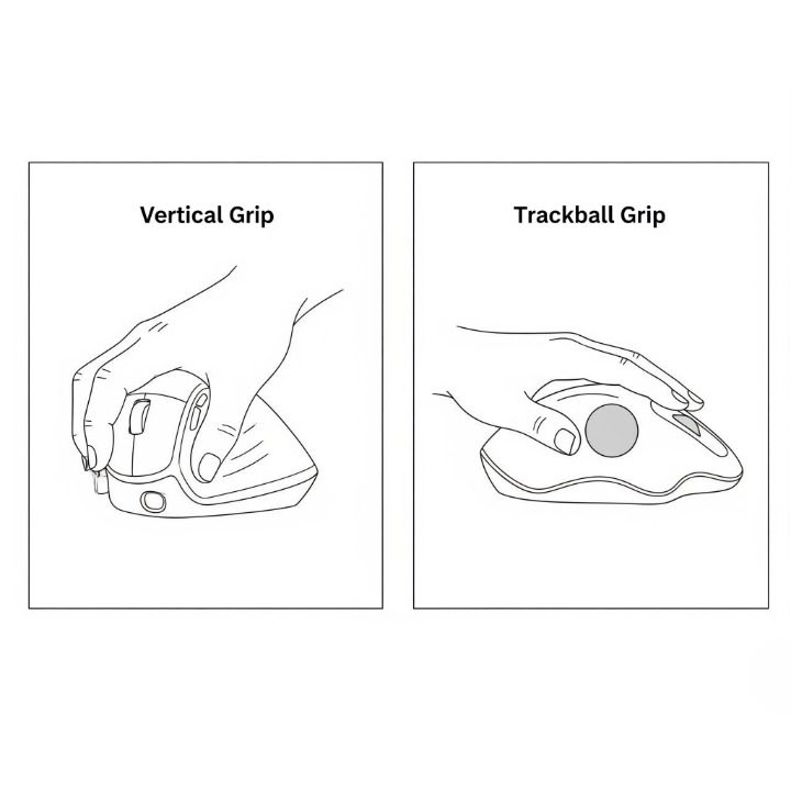 An illustration comparing two ergonomic mouse types: a hand holding a vertical mouse in a handshake grip, and a hand resting on a trackball mouse using the thumb.