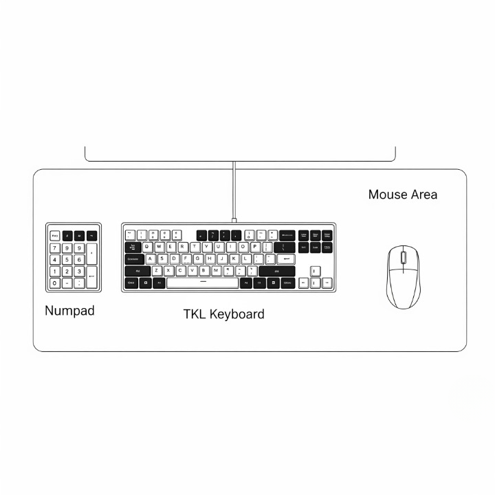 A diagram of an ergonomic desk layout, showing a separate numpad on the left, a TKL keyboard in the middle, and a large, clear mouse area on the right.