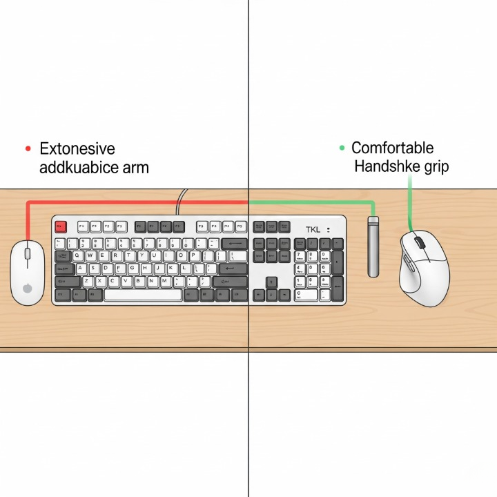 A comparison image showing how a compact keyboard and an ergonomic mouse reduce arm reach and improve posture compared to a standard setup.