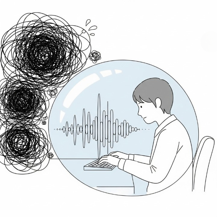 An illustration of a person in a 'focus bubble' created by the orderly sound waves from their keyboard, protecting them from outside distractions.