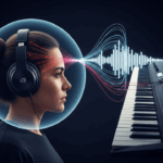 A conceptual illustration of how keyboard sound affects focus. A person is shown in a "focus bubble" created by the pleasant, orderly sound waves coming from their mechanical keyboard.