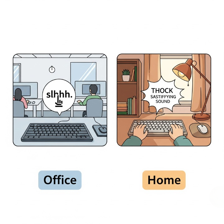 A diagram comparing keyboard sound for different environments, showing a silent keyboard for the office and a satisfying 'thocky' keyboard for the home.