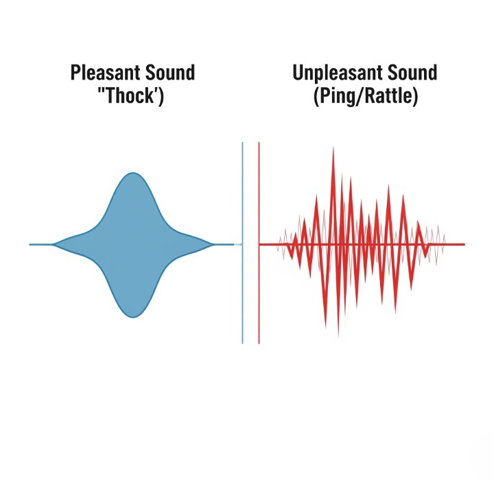 An infographic comparing sound waves. It shows the smooth, deep waveform of a pleasant 'thock' sound versus the sharp, jagged waveform of an unpleasant 'ping' or 'rattle'.