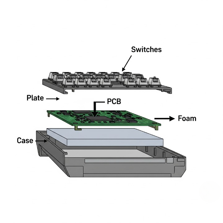 A cross-section diagram illustrating the keyboard case foam mod, showing a layer of foam placed in the bottom of the case to dampen sound.