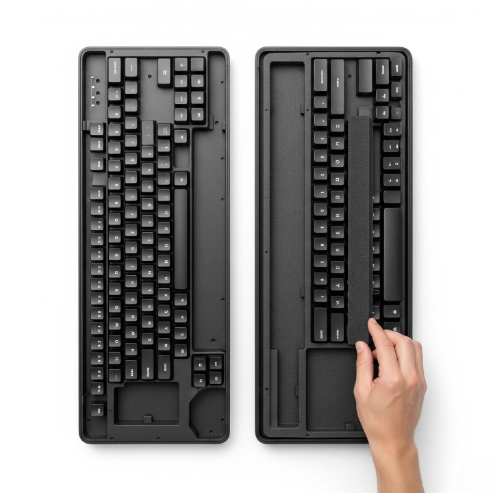 An illustration of the keyboard "case foam mod," showing a hand placing foam into the bottom of an open keyboard case to improve its sound acoustics.