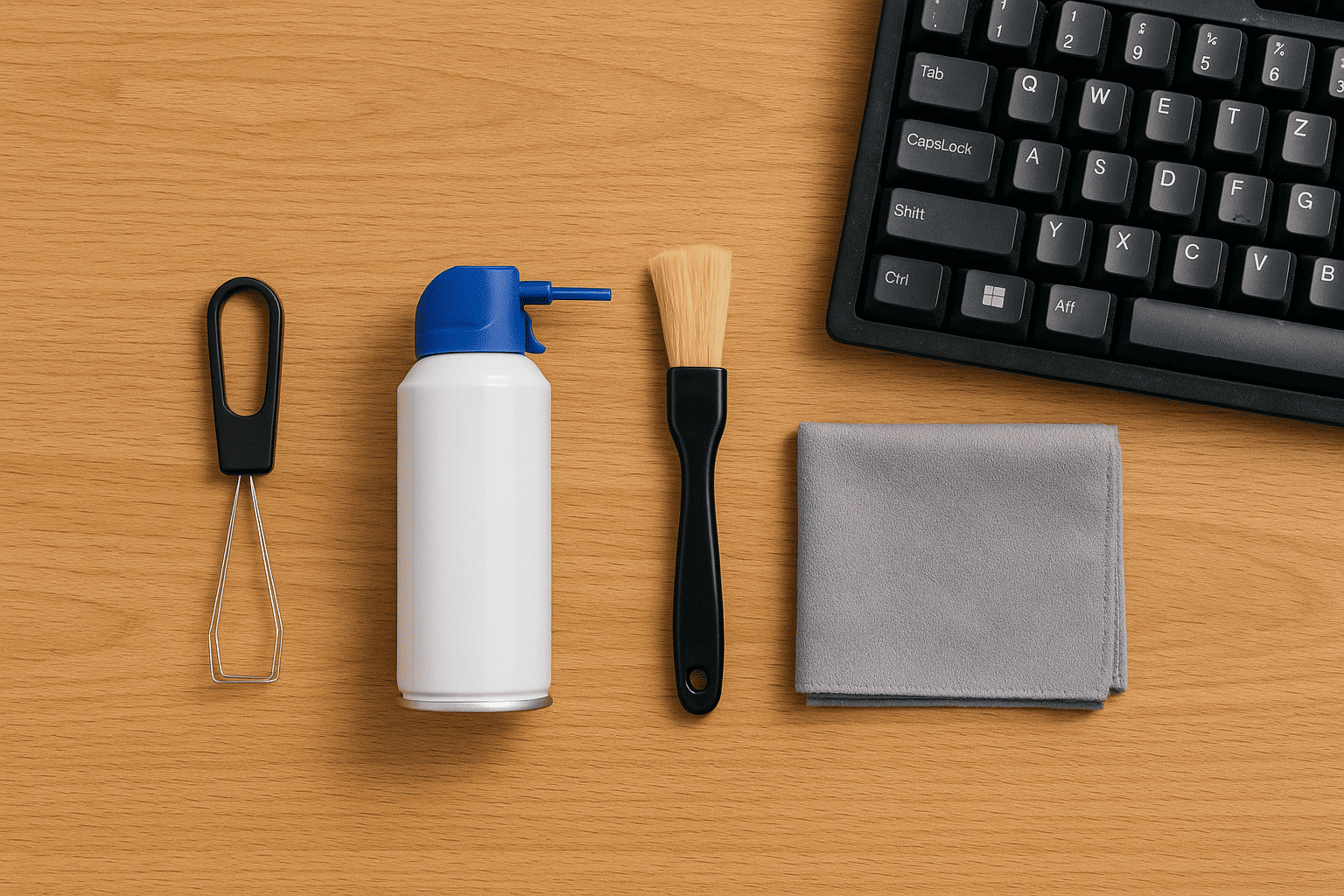 A top-down view of essential keyboard maintenance tools laid out on a wooden desk. The items include a keycap puller, compressed air, a brush, and a microfiber cloth, placed next to a mechanical keyboard ready for cleaning. This image showcases the necessary kit for keyboard maintenance and customization.