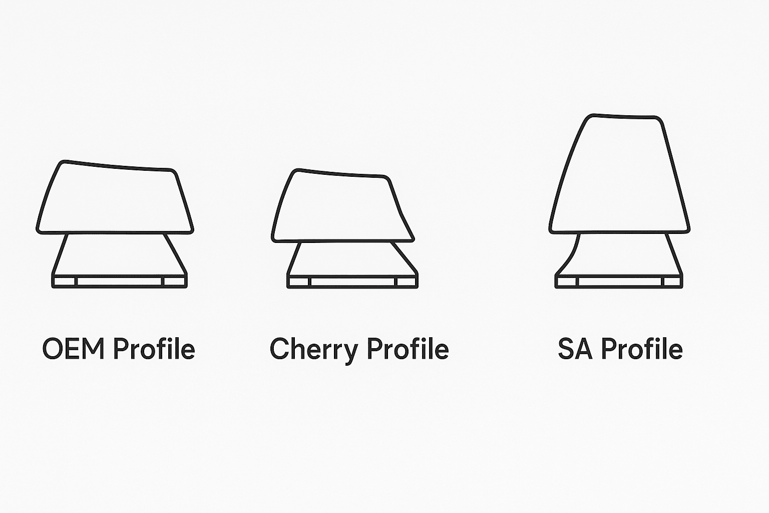 A clear diagram comparing the side profiles of three common keycap types: OEM, Cherry, and SA. The image highlights the significant differences in height, shape, and ergonomic sculpting between each profile, helping users choose the right fit for their typing style.
