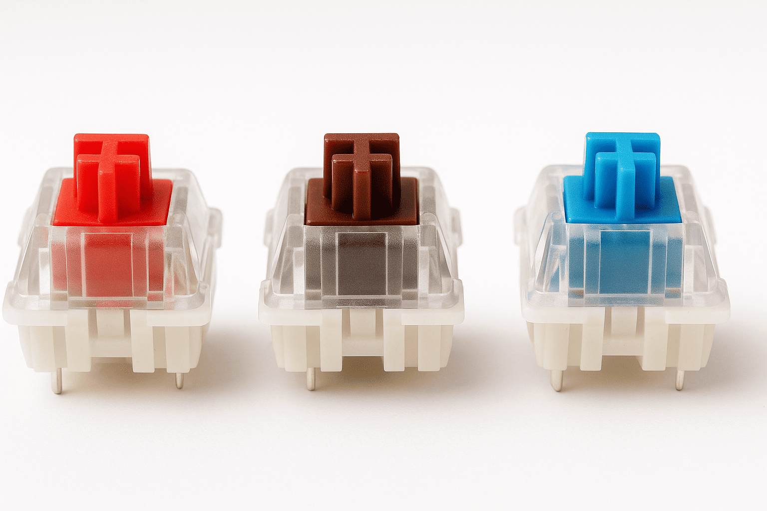 A close-up macro photograph displaying three types of mechanical keyboard switches: a red linear switch, a brown tactile switch, and a blue clicky switch. The image clearly shows the color-coding and design that differentiate the feel and sound of each switch, which is a key aspect of keyboard customization.