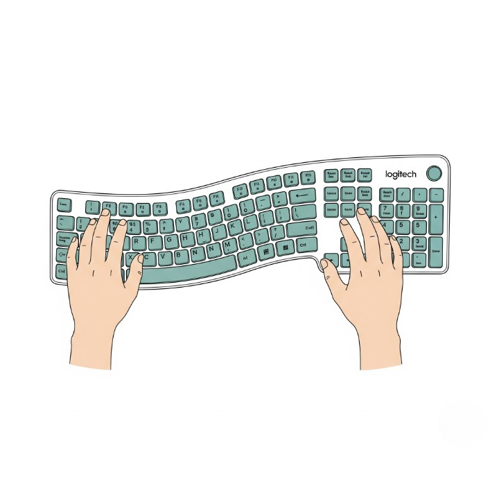 An illustration showing the top-down view of a 'wave' keyboard, with lines highlighting the gentle curve of the keyframe designed for a more natural hand position