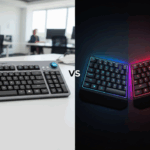A comparison image showing the gentle curve of the Logitech Wave Keys on the left versus the two separate, angular modules of the Kinesis Freestyle Edge RGB on the right.