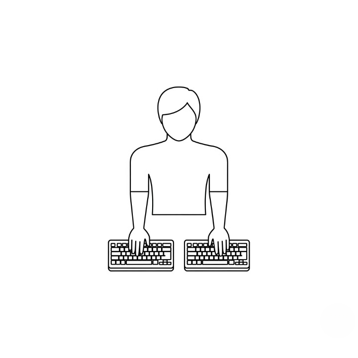 A diagram illustrating the benefit of a split keyboard, showing the two halves positioned at shoulder-width to allow for straight, neutral wrists while typing.