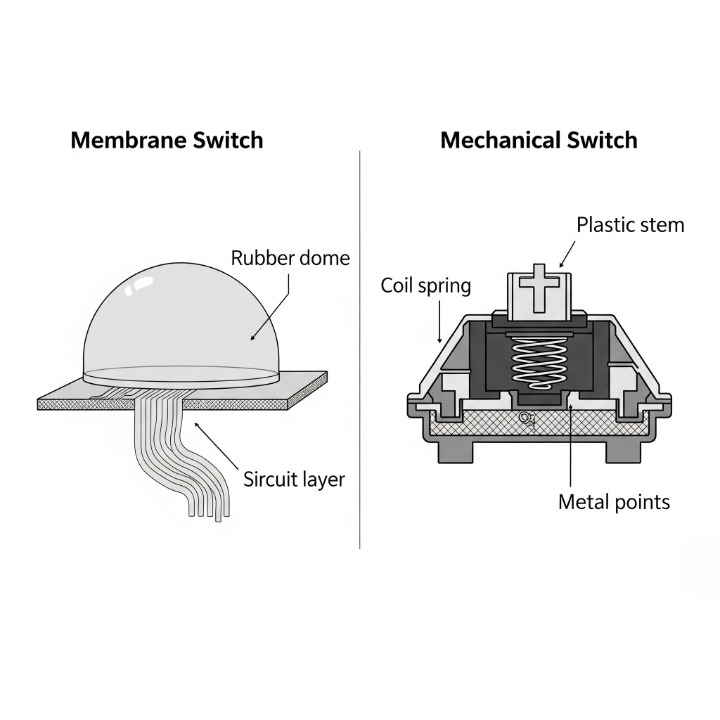 A cross-section diagram comparing a soft rubber dome membrane switch with the spring and stem mechanism of a tactile mechanical switch.