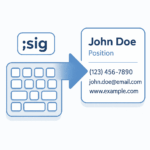 A conceptual illustration demonstrating how text expansion works. On the left is a keyboard, and on the right, the short text snippet ';sig' is shown transforming into a full email signature. This visual represents the productivity concept of typing automation.