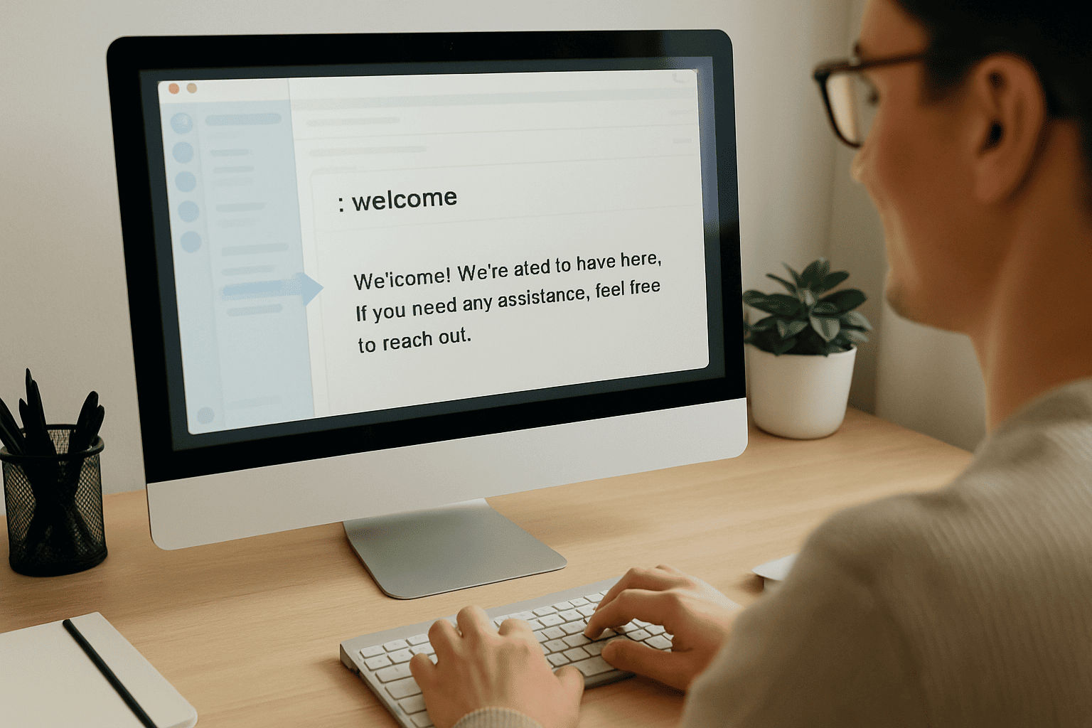 A realistic photo of a person at their desk using text expansion. On the computer screen, a short snippet is visibly expanding into a full paragraph, showing productivity in a real-world setting.