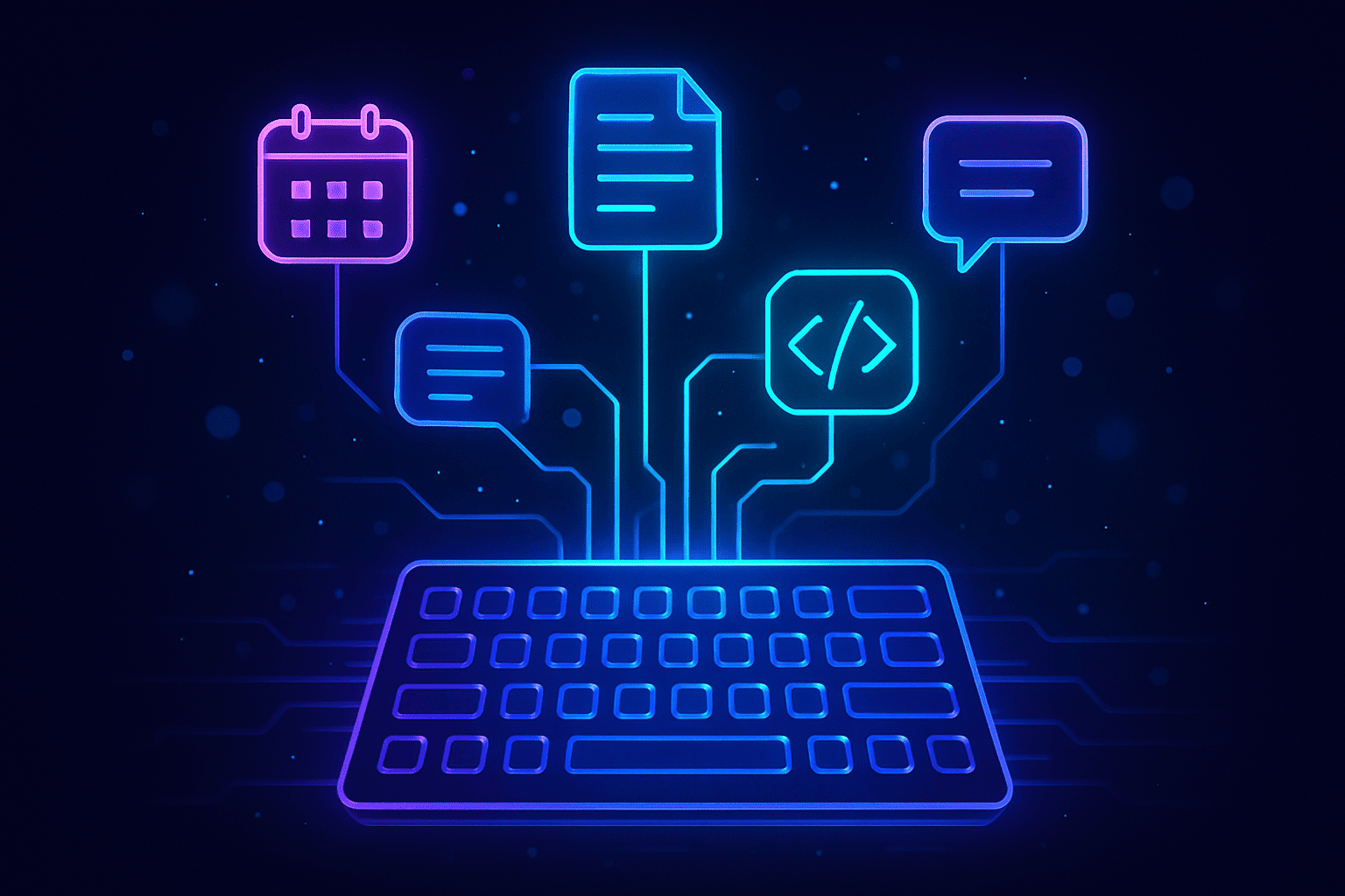 A futuristic visualization of an automated workflow. Glowing lines connect a central keyboard to icons for calendar, documents, and code, representing advanced text expansion techniques.