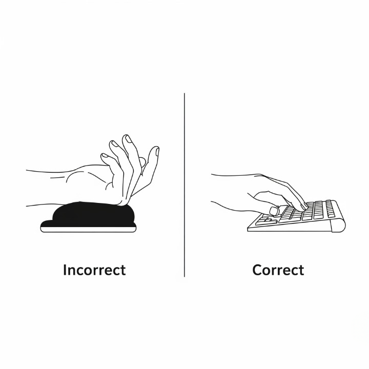 A diagram comparing correct and incorrect typing posture. The incorrect side shows a wrist anchored and bent; the correct side shows a straight, floating wrist.
