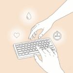 An illustration of hands stretching over a keyboard, surrounded by wellness icons like a heart and a water droplet. This represents the concept of healthy typing habits and taking care of your hands.