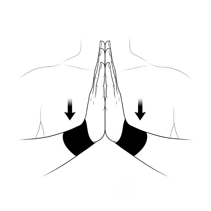 A simple line drawing demonstrating the 'Prayer Stretch' for wrists, with two hands pressed together and moving downwards to stretch the forearms.