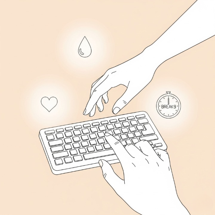 An illustration of hands stretching over a keyboard, surrounded by wellness icons like a heart and a water droplet. This represents the concept of healthy typing habits and taking care of your hands.