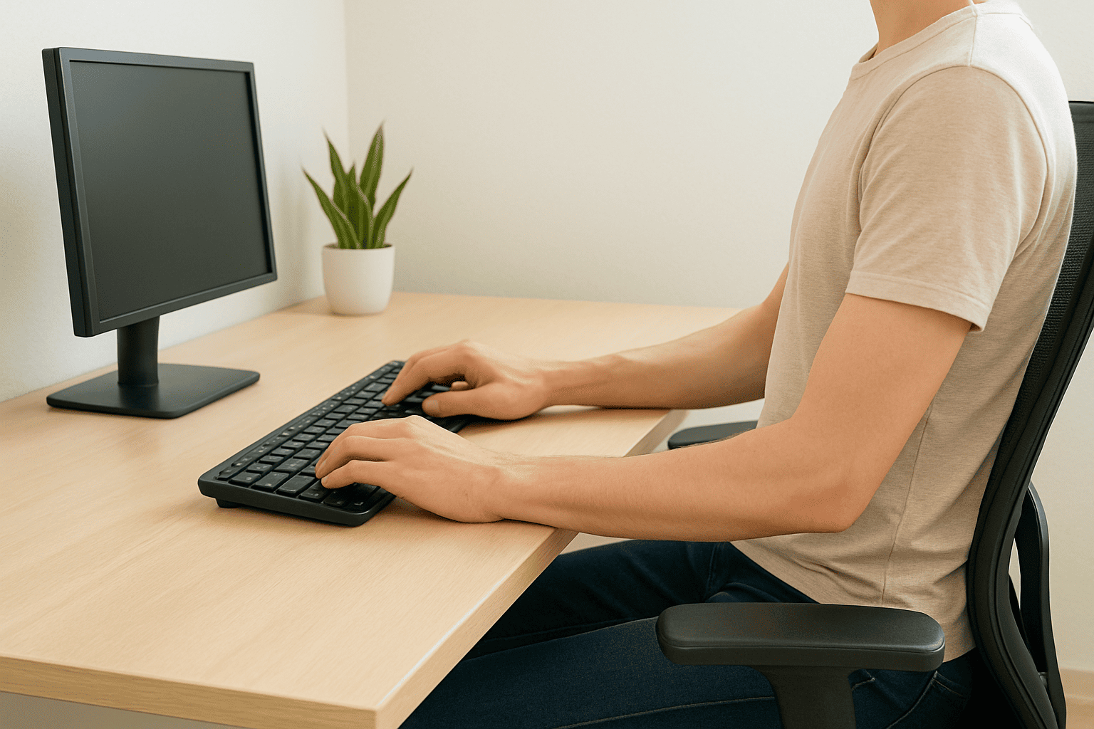 A person demonstrating proper ergonomic typing posture at a desk. Their hands and wrists are straight and aligned with their forearms over a keyboard, illustrating the neutral position crucial for comfort and preventing strain. The image highlights a healthy typing setup in a well-lit office environment.