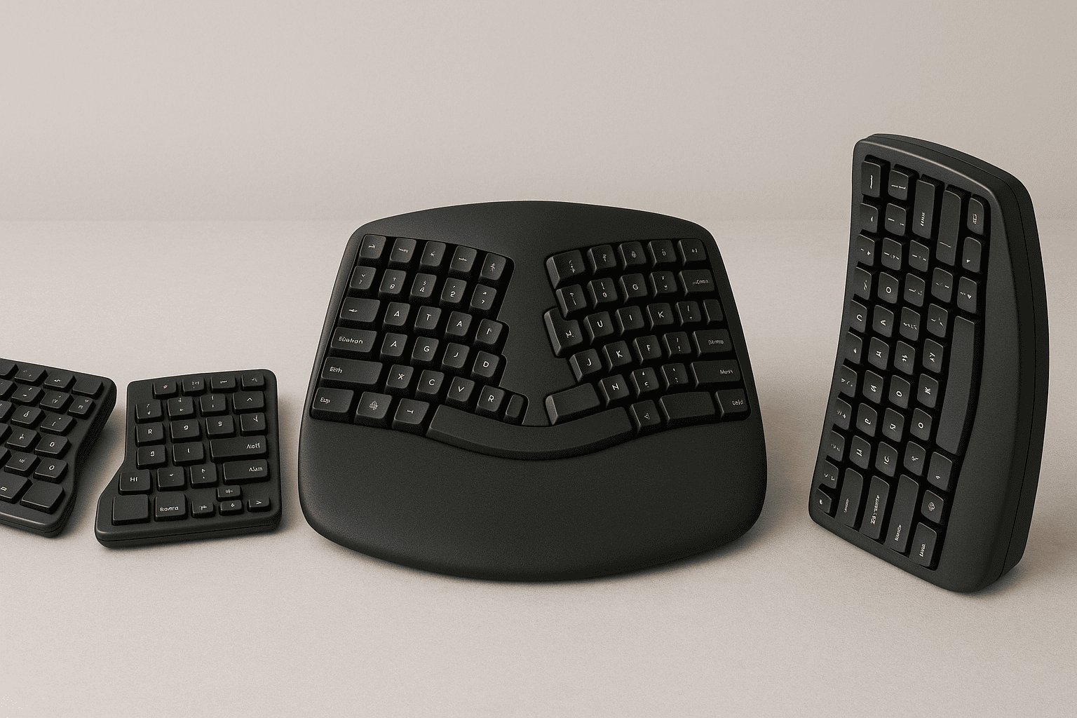 A visual comparison of three ergonomic keyboard types: a split keyboard, a contoured or tented ergonomic keyboard, and a vertical keyboard, displayed side-by-side on a clean surface. The image highlights the diverse designs aimed at promoting natural hand and wrist positions for improved comfort.