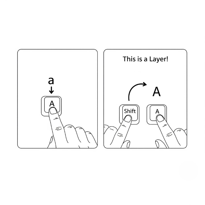 A simple diagram explaining keyboard layers using the Shift key as an example, showing how holding Shift activates a second layer of characters.