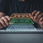 A conceptual image of keyboard layers, showing a user's hands over a keyboard with multiple holographic layouts floating above it. This represents the power of custom programmable layers.