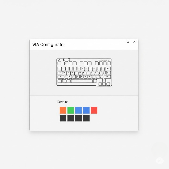 A simplified illustration of the VIA software interface, showing the keyboard layout on top and the keymap configuration menu below, used for programming custom layers.