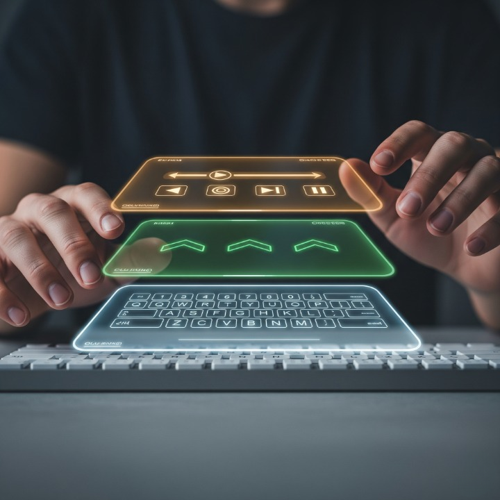 A conceptual image of keyboard layers, showing a user's hands over a keyboard with multiple holographic layouts floating above it. This represents the power of custom programmable layers.
