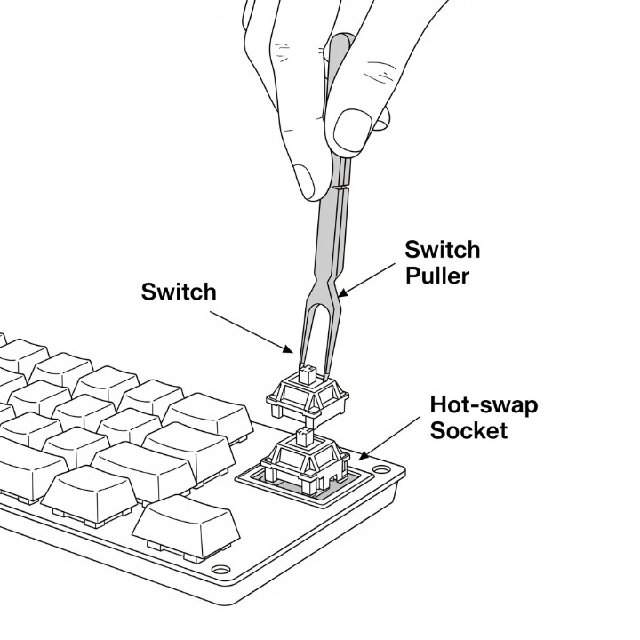 An illustration explaining a hot-swappable keyboard, showing a hand using a tool to pull a mechanical switch out of the circuit board without soldering.