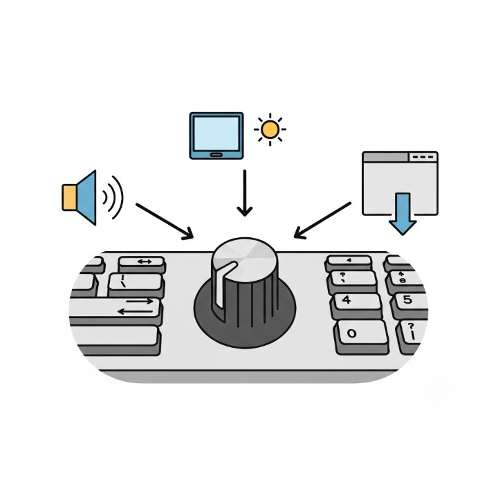 A diagram showing the functions of a programmable keyboard knob, with icons for volume control, screen brightness, and scrolling through tabs.