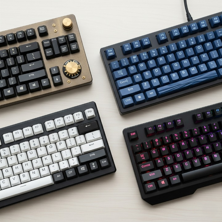 A top-down view of four different mechanical keyboards, showcasing a variety of styles and sizes available for beginners entering the keyboard hobby.