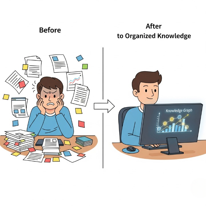 A 'before and after' comparison of information organization. The 'before' side shows chaos with scattered notes, and the 'after' side shows order with all knowledge centralized in a digital system.