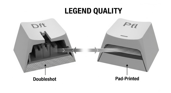 An infographic diagram comparing keycap legend quality. It shows a cross-section of a durable 'Doubleshot' keycap versus a less durable 'Pad-Printed' keycap, explaining customization options.