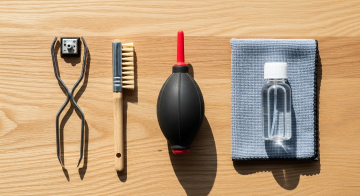 A flat-lay image showing an organized toolkit for keyboard maintenance. On a clean desk, a keycap puller, brush, air blower, and microfiber cloth are neatly arranged, ready for cleaning.