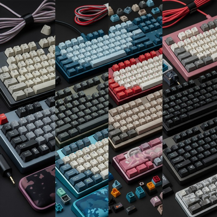 A vibrant photograph showcasing a variety of colorful custom keycap sets. Different profiles, colors, and themes are displayed, representing the creative possibilities of keyboard customization.